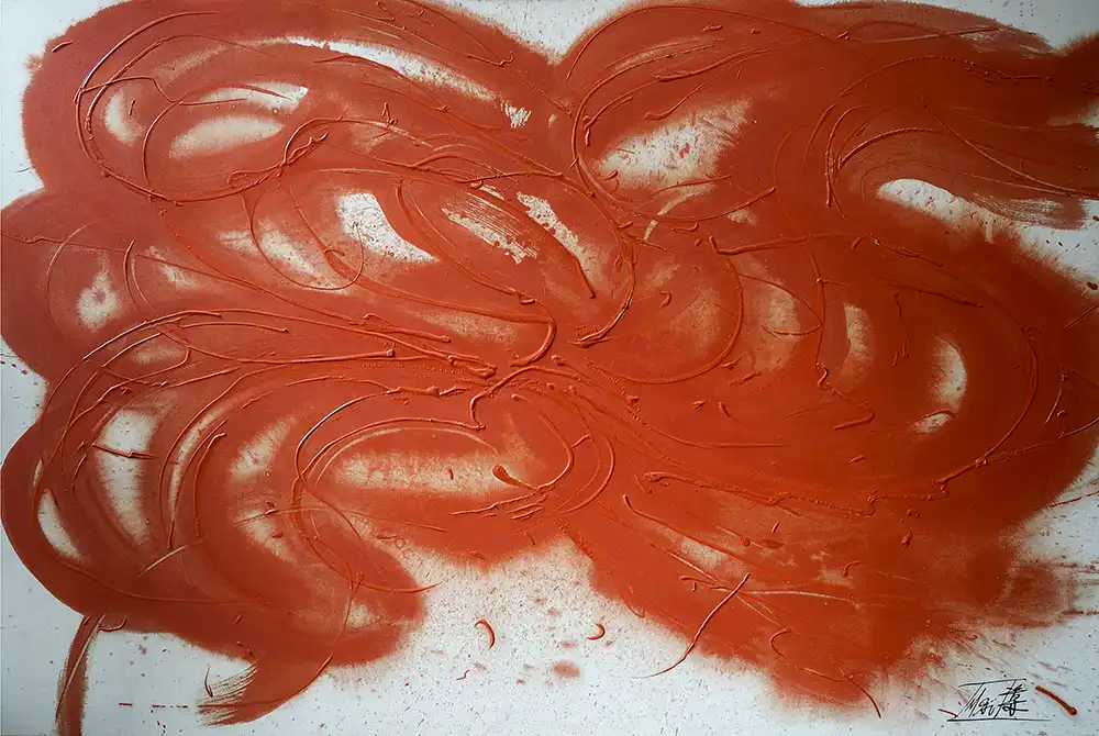 Soleil rouge, 1993, huile sur toile, signée en bas à droite, contresignée, datée et dédicacée au dos, 130 x 194 cm. 