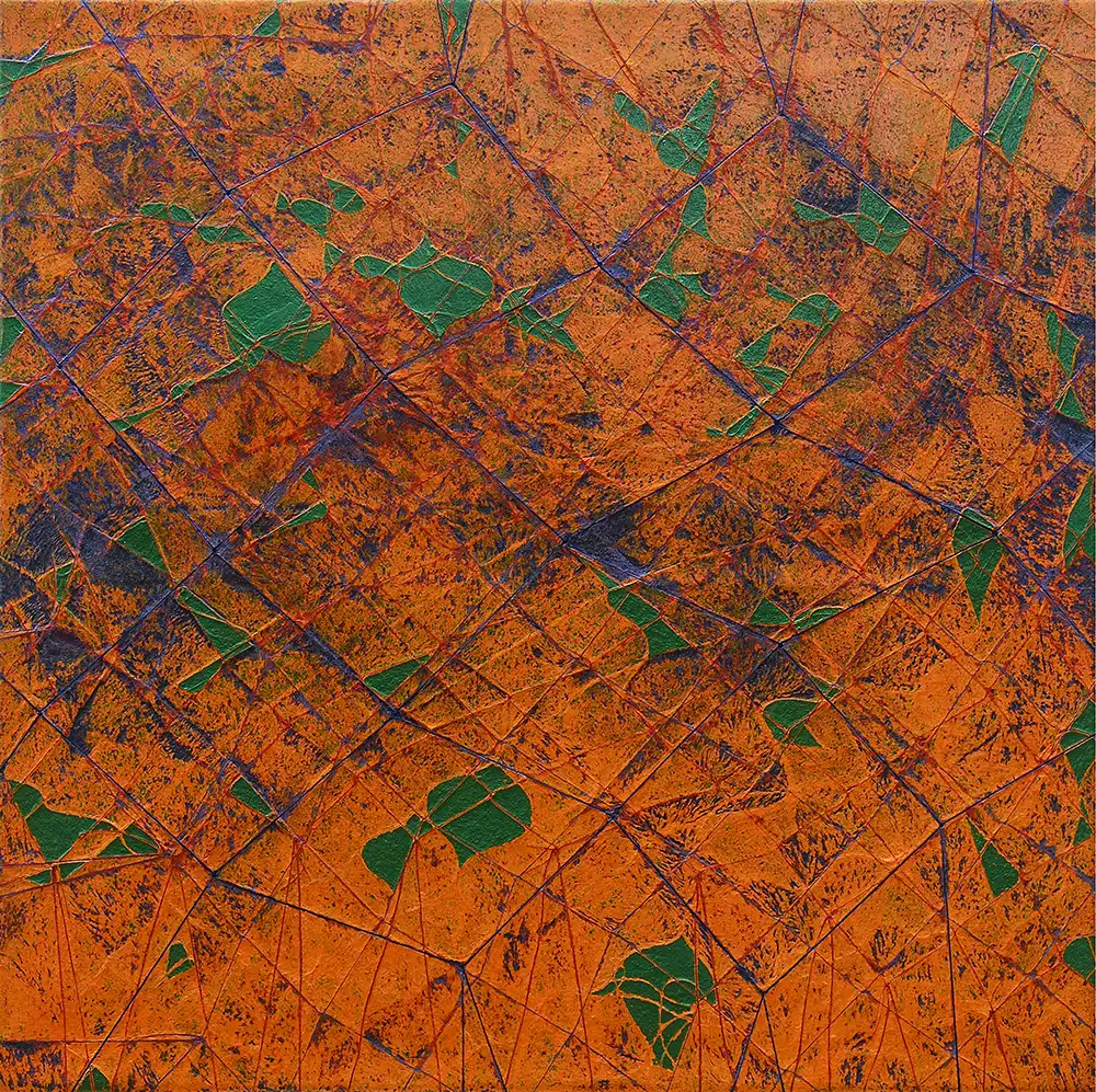 Rivage et bacchanale, 1986-1988, huile, sable et filet sur toile, 70x70 cm Rivage et bacchanale, 1986-1988, huile, sable et filet sur toile, 70x70 cm